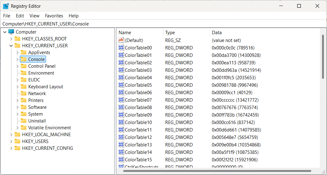 screen of registry editor