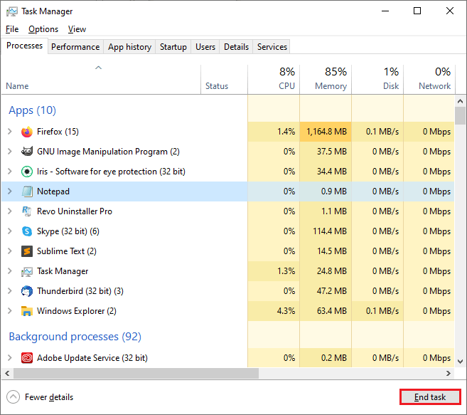 Task Manager - Windows 10 screen of task manager
